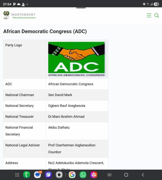 INEC Relists David Mark as ADC National Chairman