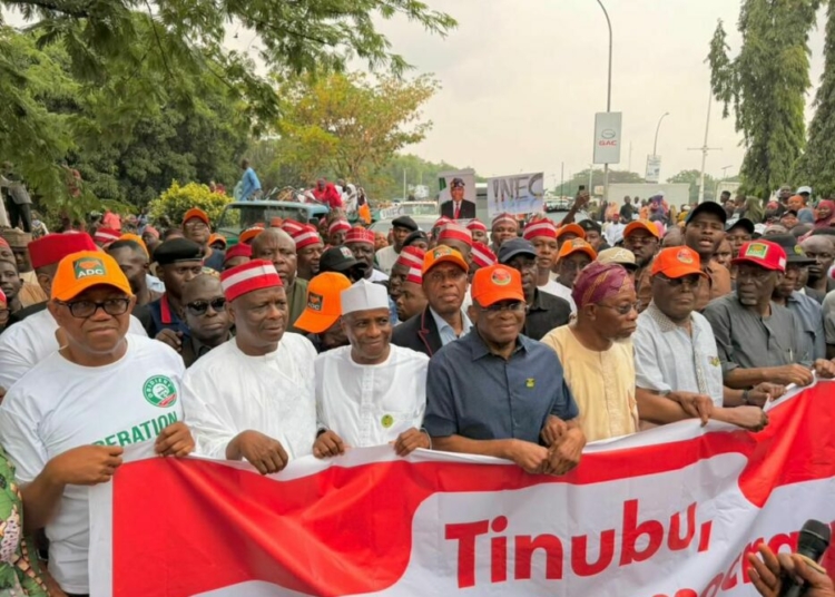 DERECOGNITION OF ADC LEADERS: Scores Of Protesters Led by Atiku, Obi, Kwankwaso Submit Petition To INEC 1 Peter Obi David Mark