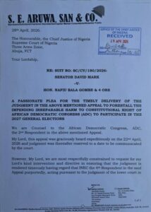 ADC: Lawyer Writes CJN Over Urgency Of Verdict In David Mark, Nafiu Bala Tussle 2 WhatsApp Image 2026 04 28 at 12.48.34 PM