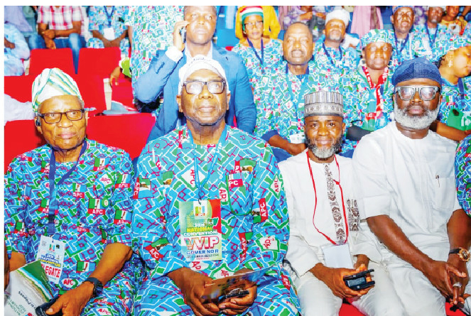 Eboolembe, Your Excellency Senator Saraki! 1 L-R: Chairman, Kwara State APC, Prince Sunday Fagbemi, Kwara State governor, AbdulRahman AbdulRazaq, chief press secretary to the governor, Dr. Rafiu Ajakaye; and Amb. Yahaya Seriki; during the 2026 APC National Convention, in Abuja. PHOTO BY ABDULLAHI OLESIN