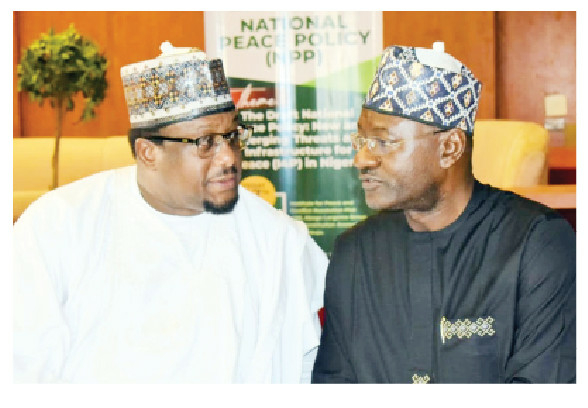 R-L: Director General of the IPCR, Dr. Joseph Ochogwu and Hon. Joshua Gana of the House of Representatives Committee on Peace Building, during the  Second High- Level Expert Dialogue on the draft Nigeria’s National Peace Policy (NPP) in Abuja. Photo: IPCR