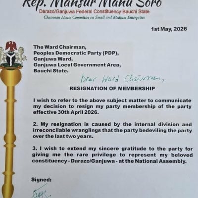 Reps Member Soro Dumps PDP Over Internal Crisis 1 Manu Soros resignation letter 400x400 1