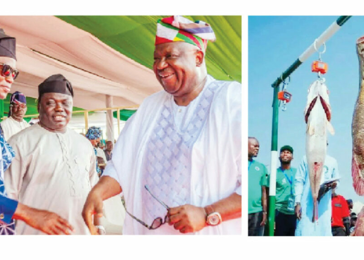 L-R:Commissioner, Heritage and Ecotourism, Taraba State, Joseph Titus Nagombe; the  governor, Dr. Agbu Kefas, and  Governor  Caleb Mutfwang of Plateau State, exchanging pleasantries during Nwonyo Fishing Festival in the state, yesterday