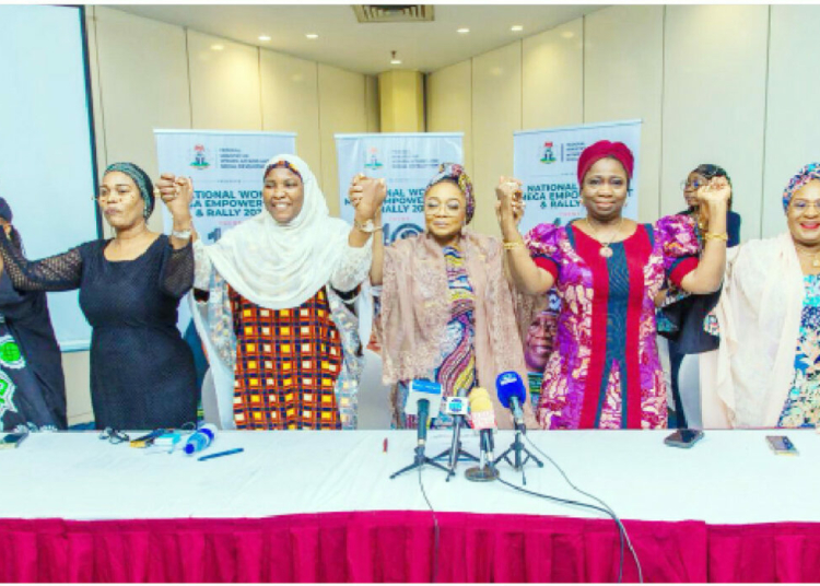 2027: Nigerian Women Rally Behind Tinubu 1 R-L: Minister of Women Affairs, Hon. Imaan Sulaiman-Ibrahim (FSI); Hajia Zainab A. Ibrahim, Deputy National Woman Leader, All Progressives Congress (APC) and Chairman, Planning Committee, 10 Million Mega Empowerment and Rally; Hon. Abike Dabiri-Erewa, Chairman/CEO, Nigerians in Diaspora Commission (NiDCOM) and Chairman, Media Committee; former APC Woman Leader, Hon. Salamatu Baiwa; Ms Ginika Tor; and Ms Mary Ojukwu, at a press conference on the upcoming Women Rally for President Bola Ahmed Tinubu, scheduled for May 5 in Abuja, to be chaired by the First Lady, Senator Oluremi Tinubu (CON). PHOTO: MINISTRY OF WOMEN AFFAIRS