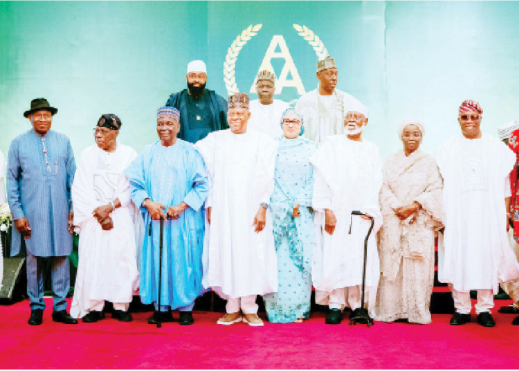 Abdulsalami’s Sincerity Brought Me Back To Politics, Says Tinubu 1 L-R (front row): Former Governor of Ogun State, Chief Olusegun Osoba; former President Goodluck Jonathan; former President Olusegun Obasanjo; former Head of State, General Yakubu Gowon; Vice President Kashim Shettima; his wife, Hajiya Nana Shettima; the celebrant/author, former Head of State, General Abdulsalami Abubakar; his wife, Justice Fati Lami Abubakar; Senate President Godswill Akpabio; Deputy Speaker of the House of Representatives Benjamin Kalu. (Back row) L-R: Governors Umar Bago (Niger), Inuwa Yahaya (Gombe) and Babagana Zulum (Borno) during Abdulsalami's 84th birthday celebration and the launch of his autobiography titled, 'Call of Duty,' at the Presidential Villa, Abuja, yesterday. PHOTO: REMI AKUNLEYAN
