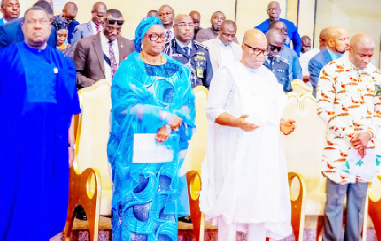 L-R: Secretary to the Government of the Federation (SGF), Senator George Akume; Representative of the First Lady of the Federation and Wife of the Senate President, Mrs Unoma Godswill Akpabio; Senate President Godswill Akpabio and Deputy Speaker, House of Representatives, Benjamin Kalu, during the Interdenominational Church Service to mark the 27th Democracy Day celebration, at the National Christian Centre, Abuja, yesterday. PHOTO: SENATE PRESIDENT'S OFFICE.