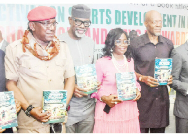 Enoh, Dikko, Imoke Endorse Ikpeme’s Sports Development Book, Call For Deeper Reforms 1 L-R: Former permanent secretary, Chief Olusegun Adekunle; former minister of youth and sports devt, Solomon Dalung; former governor of Cross River State, Liyel Imoke; Mrs Patricia Amos Adamu; the Author of the Book, Dr Emmanuel Ikpeme; minister of state for industry, trade and investment, Sen. John Enoh and chairman, National Sports Commission, Mallam Shehu Dikko, during the official public presentation of a book, titled: “Perspective on Sports Development in Nigeria” at the Moshood Abiola National Stadium in Abuja, yesterday PHOTO: NAN