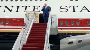 Trump Unveils Qatar-Gifted Air Force One As Temporary Presidential Jet 3 fly white