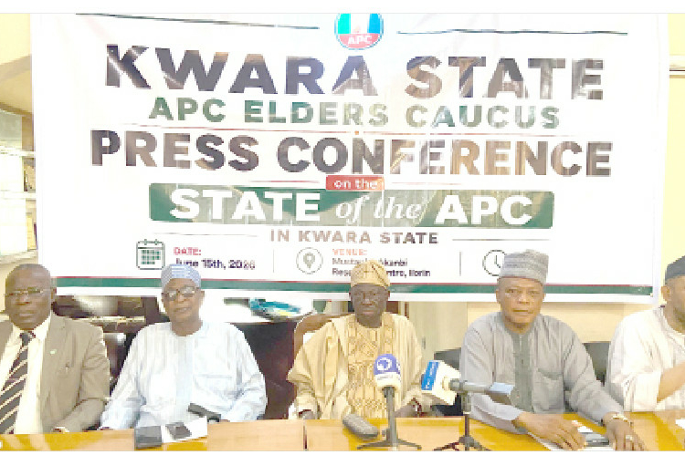 L-R: Prof. Enoch Abiodun Afolayan; Sen. Muhammed Ahmed; Chief (Dr) James Bamisaiye Ayeni, JP; Hon. Salman Jawondo (SAN) and Sen. Makanjuola Ajadi,at the press briefing by the Kwara State APC Elders Caucus in Ilorin, yesterday.