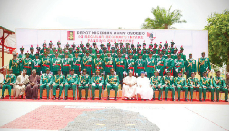 8,000 New Soldiers Graduate From Nigerian Army Depot 1 The Chief of Army Staff (COAS), Lt Gen Waidi Shaibu (centre), senior officers and newly graduated soldiers after the Passing-Out-Parade of over 8,000 recruits at Depot Nigerian Army, Osogbo, yesterday. PHOTO: NIGERIAN ARMY