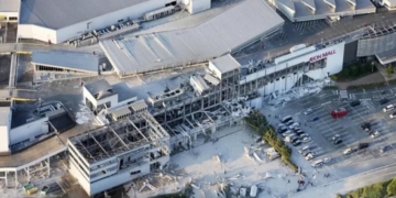 An aerial view shows the damaged Aeon Mall shopping centre after an explosion which occured after an earthquake with a preliminary magnitude of 7.1 struck Japan's southern Kumamoto prefecture, on Tuesday. Kyodo/Reuters