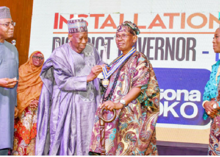 Ganduje Urges Stronger Institutions, Values-Driven Leadership At Rotary Investiture 1 L-R: Chairman of the occasion, Dr Ahmed Raji (SAN); former governor of Kano State, Dr Abdullahi Umar Ganduje; district governor 9127, Engr Sikiru Adetona Owonikoko; his wife, Hajiya Zainab Owonikoko and deputy governor, Dr Victor Onukwugha, during the investiture of the Rotary International District Governor for District 9127, Engr Sikiru Adetona Owonikoko, in Abuja, yesterday. PHOTO: ROTARY
