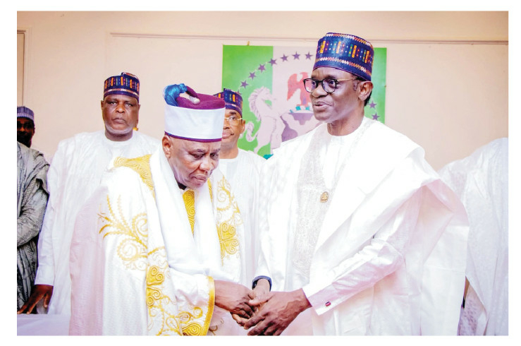 Protect Ngazargamu's Rich Heritage Through Unity, Peaceful Coexistence – Buni 1 Yobe Gov Hon Mai Mala Buni CON, COMN (Right), shaking hands with the Emir of Ngazargamu, Alh. Mahmud Ibn Mustapha, during a thank-you visit to him in Damaturu