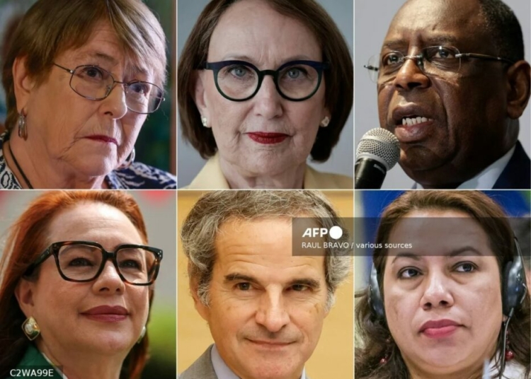 This combination of pictures created on July 22, 2026 shows, from L/R starting clockwise in upper L, Chile's former president Michelle Bachelet in Santiago on December 22, 2025, Costa Rican economist Rebeca Grynspan, in Paris on April 29, 2026, former Senegalese President Macky Sall in Cape Town on February 27, 2025, former Ecuadorian foreign minister Maria Fernanda Espinosa in New York City on May 13, 2026, Director General of the International Atomic Energy Agency (IAEA) Rafael Mariano Grossi, in Tokyo on June 26, 2026, and former Guyana Foreign Minister Carolyn Rodrigues-Birkett in Paramaribo, Surinam, on August 30, 2013. Six candidates for the position of United Nations Secretary-General will debate on July 23, 2026, in the General Assembly Hall, one week before the formal start of the selection process. Photo: AFP