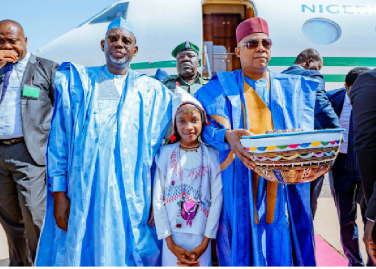 L-R: Jigawa State Governor Umar Namadi receiving Vice President Kashim Shettima at the opening of Jigawa State Investment Summit 2026, in Dutse, the state capital, yesterday. PHOTO: STATE HOUSE.