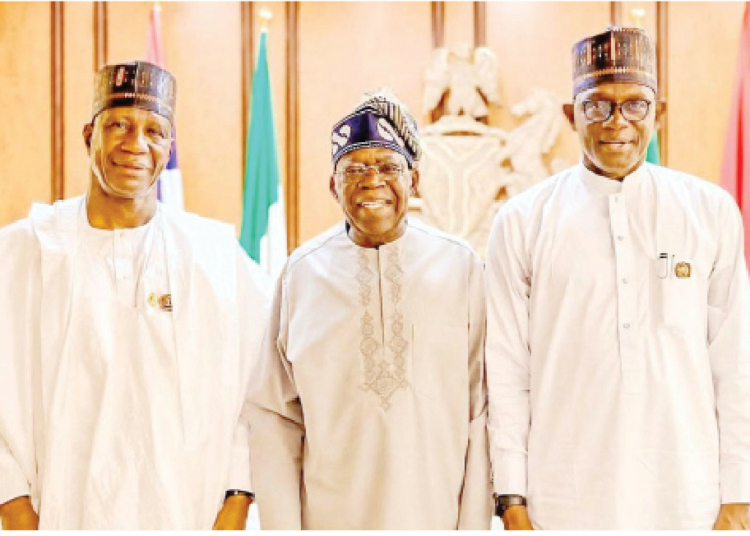 President Bola Ahmed Tinubu (centre) flanked by Governor Mai Mala Buni of Yobe State (right) and the Yobe APC governorship candidate during a meeting at the Presidential Villa, Abuja.