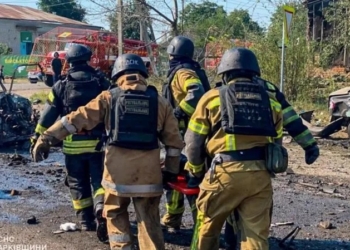 Two Russian missiles killed 10 people early on Tuesday in the centre of the village of Pechenihy, officials said. Photo credit: DSNS Ukraine