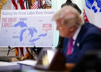 A map displaying Lake Ontario as "Lake America" is seen as President Donald Trump signs an executive order in the Oval Office of the White House on August 27, 2026. Andrew Harnik/Getty Images