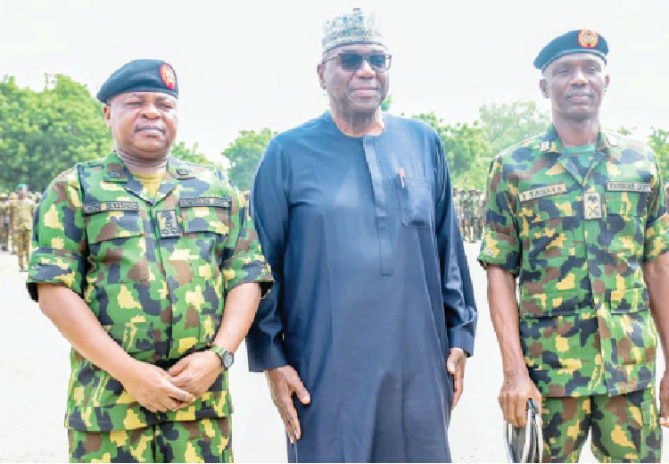 L-R: Commander 22 Armoured Brigade, Brig. Gen. Nicholas Rume, Kwara State governor,  AbdulRahman AbdulRazaq  and General Officer Commanding 9 Division, Nigerian Army/Joint task force Operation Savannah Sheild, Maj. Gen. Yakubu Yahaya; during a visit to Sobi Barracks, in Moro LGA, on Tuesday. PHOTO BY ABDULLAHI OLESIN.
