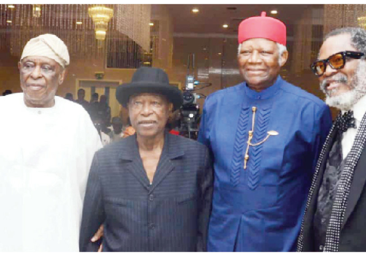 IBB, Osoba, Nwachukwu, Obiagbena, Amaechi, Others Honour Sam Amuka At 91, Vanguard At 40 1 L-R: Former Governor of Ogun State, Aremo Olusegun Osoba; Publisher, Vanguard Newspaper, Sam Amuka; Major General Ike Nwachukwu (rtd) and Chairman, Thisday Newspaper & Arise TV, Prince Nduka Obaigbena, during the 'Vanguard at 40 Book Launch and Reunion', held at Civic Centre in Lagos, yesterday. PHOTO: KOLAWOLE ALIU.