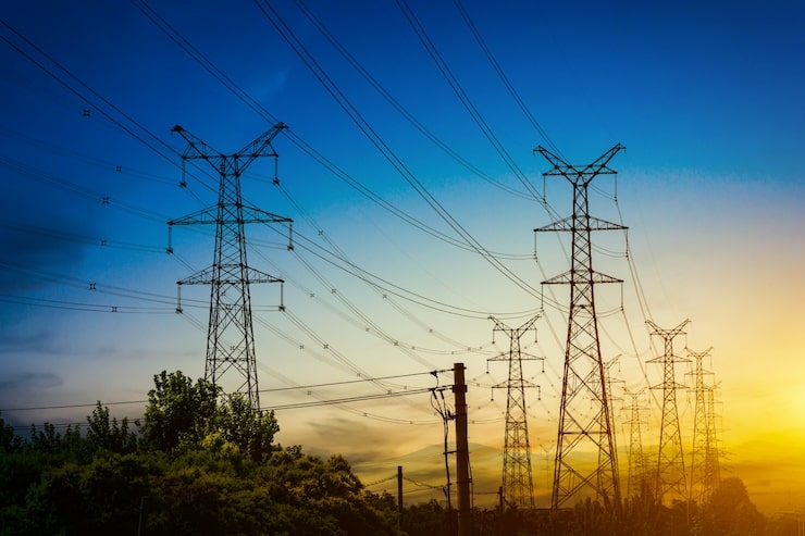 sun setting silhouette electricity pylons 1127 3239
