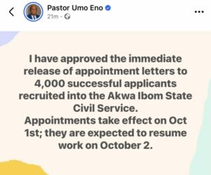 Gov Umo Eno Approves Appointment of 4,000 Civil Servants in Akwa Ibom
