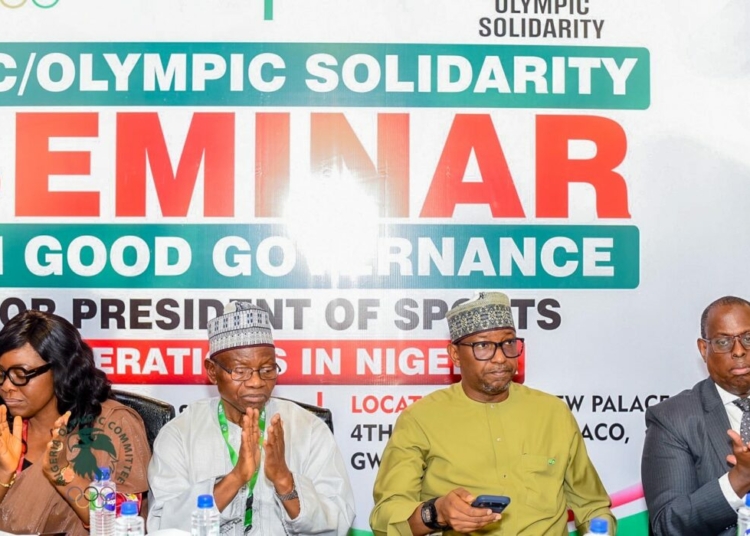 Gumel: Good Governance Key To Advancing Nigerian Sports 1 L-R: 4th vice President, Nigerian Olympic Committee, Mrs Olabisi Joseph, President of the committee (NOC) Engr Ahmed Gumel, Chairman National Sports Commission, Malam Shehu Dikko and President of Uganda Olympic Committee and Commonwealth Sports President, Mr Donald Rukare, during the NOC/ Olympic Solidarity seminar on good governance for presidents of National sports federation in Nigeria, in Abuja, Monday. PHOTO: IBRAHIM MOHAMMED