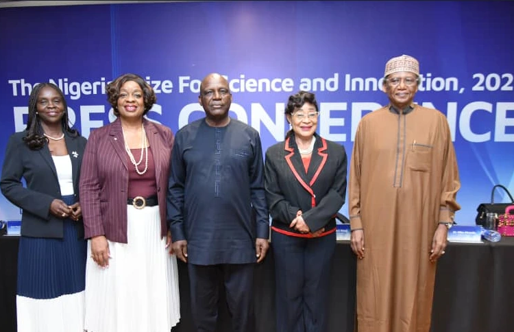 L–R:  Manager, Corporate Communications and Public Affairs, NLNG, Anne-Marie Palmer-Ikuku;  general manager, External Relations and Sustainable Development, NLNG, Dr Sophia Horsfall; NPSI Advisory Board chairman, Prof. Barth Nnaji; Dr Nike Akande, and Prof. Yusuf Abubakar, both Advisory Board members, during the Nigeria Prize for Science and Innovation (NPSI) press conference announcing the 2026 prize winner. PHOTO: NLNG