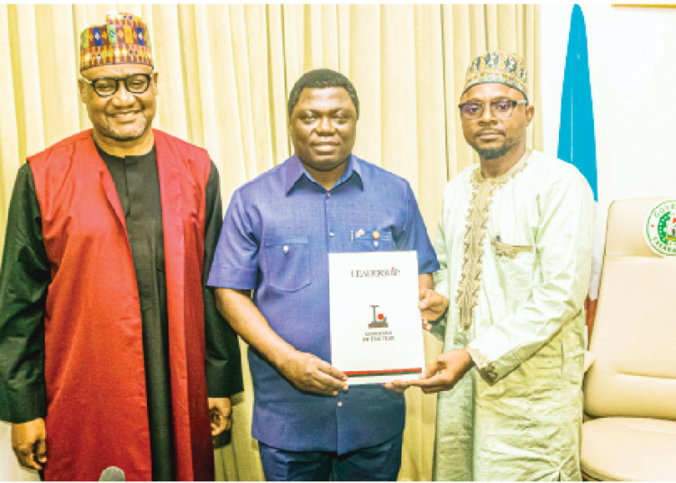 L-R: Director, LEADERSHIP Group Ltd, Abraham Nda-Isaiah; Taraba State governor, Agbu Kefas, and group managing director, LEADERSHIP Group Ltd, Muazu Elazeh, during the presentation of the LEADERSHIP Governor of the Year 2026 Award nomination letter to Governor Kefas at Taraba State Governor’s Lodge in Abuja, yesterday. PHOTO: REUBEN OJOAJOGWU GAD
