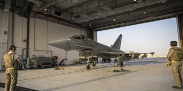 UK To Deploy Fighter Jets To Defend Saudi Arabia Against Houthi Attacks 3 RAF Typhoons from 12 Squadron are seen in their role protecting UK personnel and allied nations across the Middle East in this handout photo from March 8, 2026. Sgt Lee Goddard /MOD/PA/File