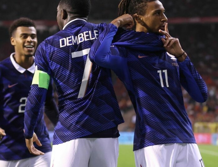 Michael Olise celebrates his late winner against Belgium with teammate Ousmane Dembélé. Photo: the guardian.com