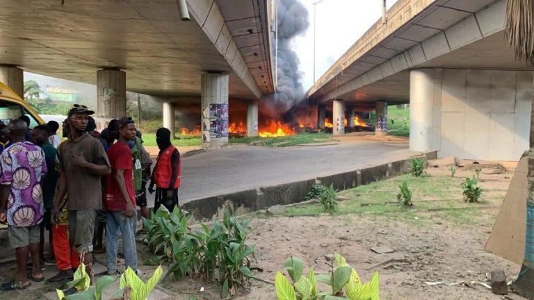 2 Burnt As Diesel Tanker Plunges From Lagos' Otedola Bridge, Bursts Into Flames